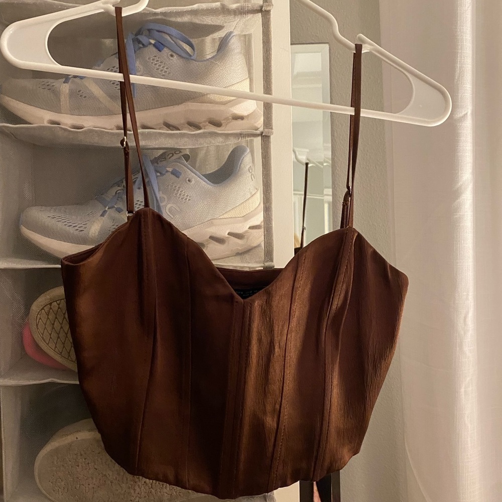 Brown Satin Zara Corset Cropped Tank Top
